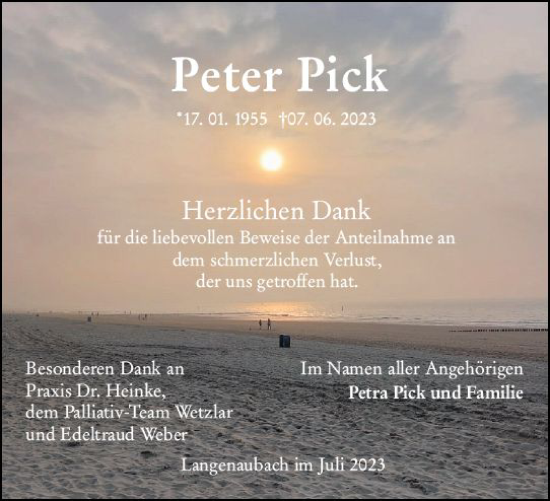 Traueranzeige von Peter Pick von Dill Block