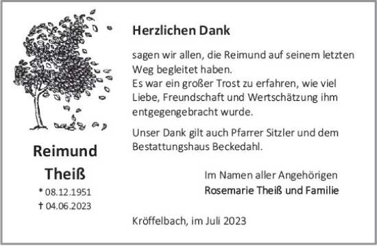 Traueranzeige von Reimund Theiß von Wetzlarer Neue Zeitung