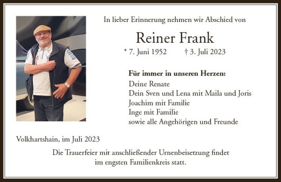 Traueranzeige von Reiner Frank von VRM Trauer