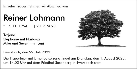 Traueranzeige von Reiner Lohmann von Dill Block