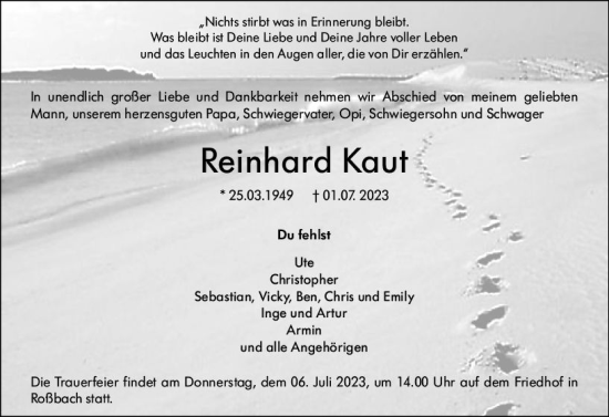 Traueranzeige von Reinhard Kaut von Hinterländer Anzeiger