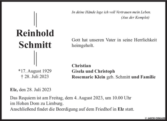 Traueranzeige von Reinhold Schmitt von Nassauische Neue Presse