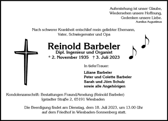 Traueranzeige von Reinold Barbeler von Wiesbadener Kurier