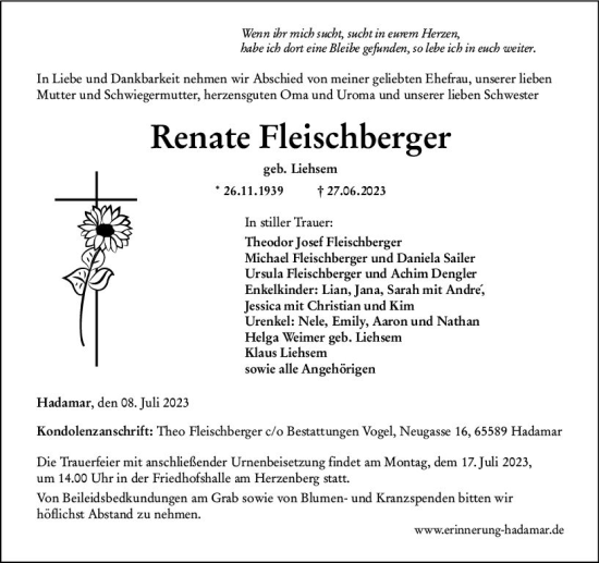 Traueranzeige von Renate Fleischberger von Nassauische Neue Presse