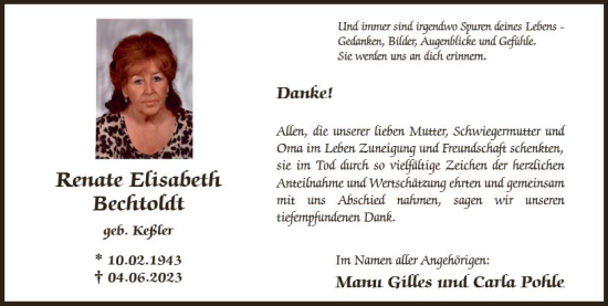 Traueranzeige von Renate Elisabeth Bechtoldt von Allgemeine Zeitung Bad Kreuznach