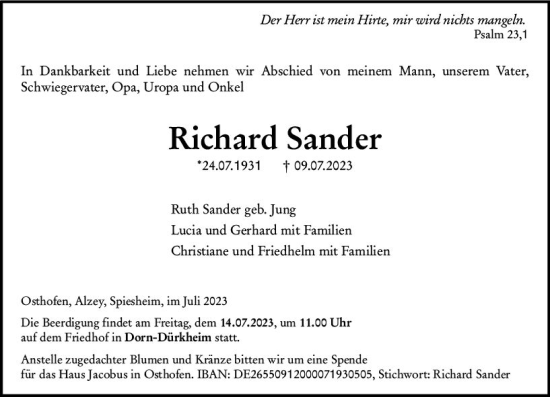 Traueranzeige von Richard Sander von Wormser Zeitung