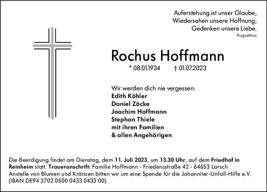 Traueranzeige von Rochus Hoffmann von Darmstädter Echo