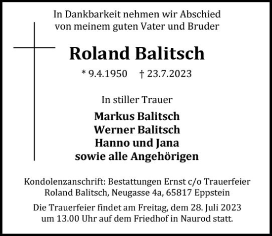 Traueranzeige von Roland Balitsch von Wiesbadener Kurier