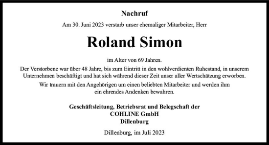 Traueranzeige von Roland Simon von Dill Block