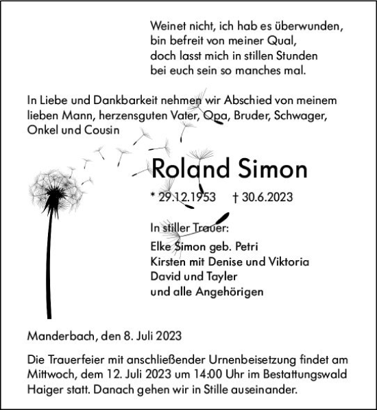 Traueranzeige von Roland Simon von Dill Block