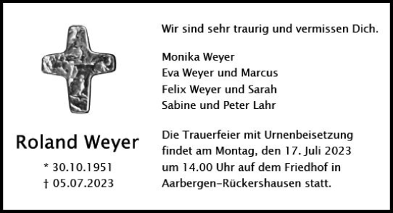 Traueranzeige von Roland Weyer von Idsteiner Land/Untertaunus