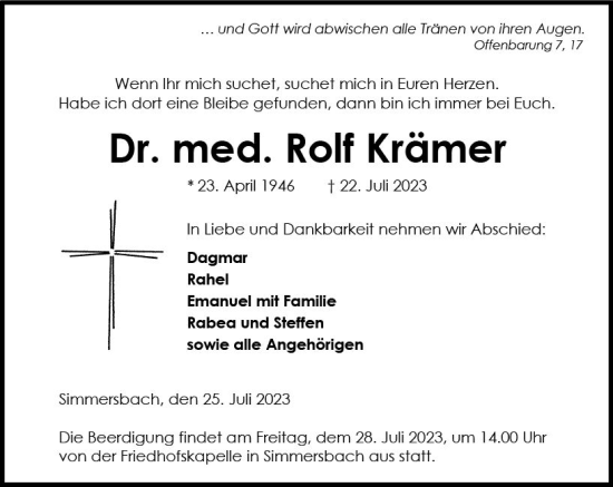 Traueranzeige von Rolf Krämer von Hinterländer Anzeiger