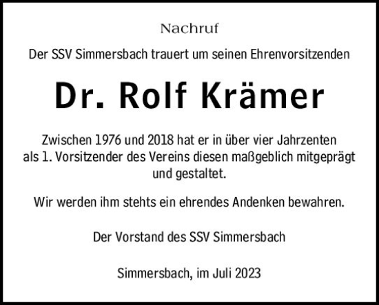 Traueranzeige von Rolf Krämer von Dill Block
