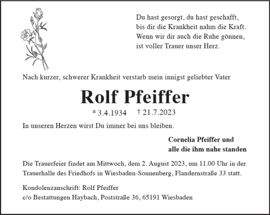 Traueranzeige von Rolf Pfeiffer von Wiesbadener Kurier
