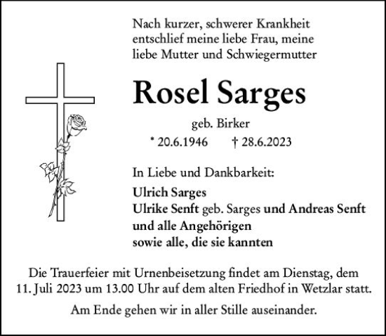 Traueranzeige von Rosel Sarges von Wetzlarer Neue Zeitung
