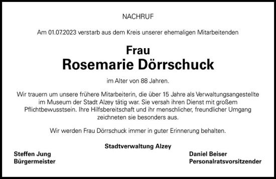 Traueranzeige von Rosemarie Dörrschuck von Allgemeine Zeitung Alzey