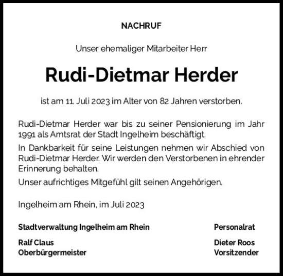 Traueranzeige von Rudi-Dietmar Herder von Allgemeine Zeitung Bingen/Ingelheim