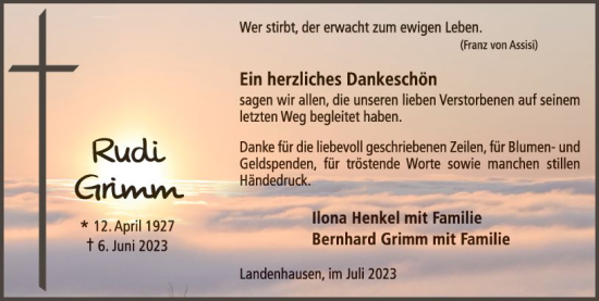 Traueranzeige von Rudi Grimm von VRM Trauer
