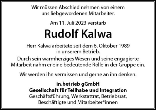 Traueranzeige von Rudolf Kalwa von Allgemeine Zeitung Mainz