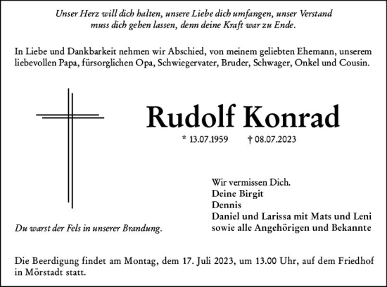 Traueranzeige von Rudolf Konrad von Wormser Zeitung