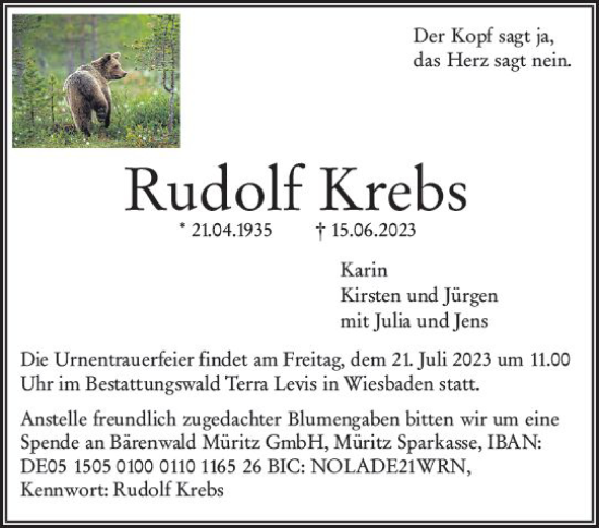 Traueranzeige von Rudolf Krebs von Wiesbadener Kurier