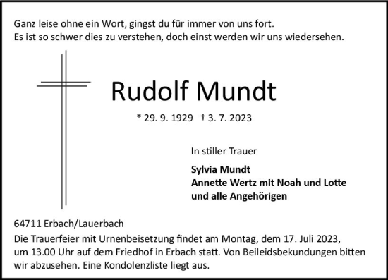 Traueranzeige von Rudolf Mundt von Odenwälder Echo