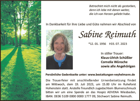 Traueranzeige von Sabine Reimuth von Wiesbadener Kurier