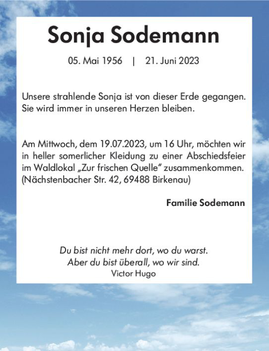 Traueranzeige von Sonja Sodemann von Starkenburger Echo