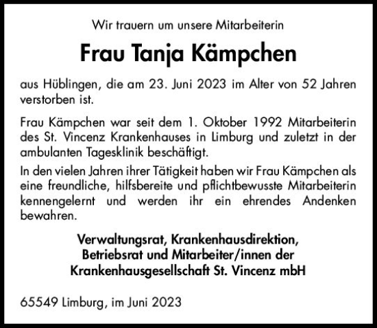 Traueranzeige von Tanja Kämpchen von Nassauische Neue Presse