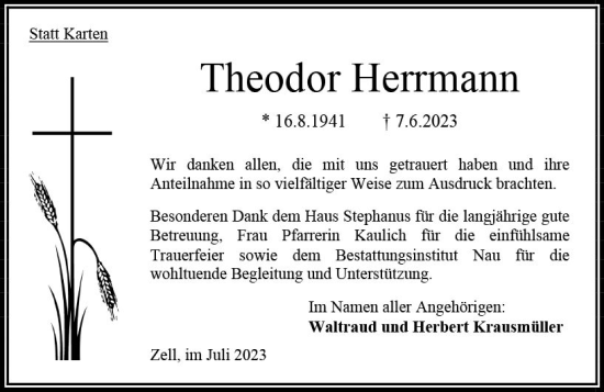 Traueranzeige von Theodor Herrmann von Oberhessen Kurier