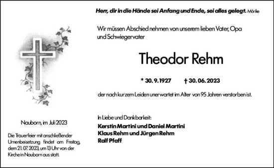 Traueranzeige von Theodor Rehm von Wetzlarer Neue Zeitung