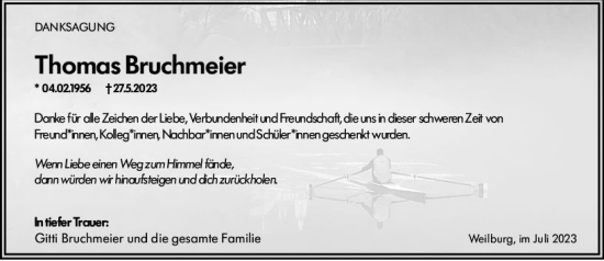 Traueranzeige von Thomas Bruchmeier von Weilburger Tageblatt