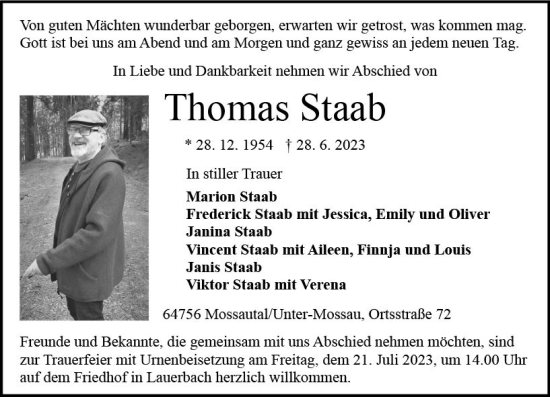 Traueranzeige von Thomas Staab von Odenwälder Echo