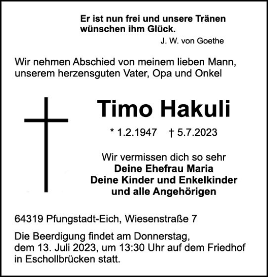 Traueranzeige von Timo Hakuli von Darmstädter Echo
