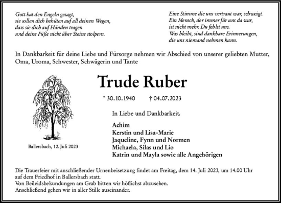 Traueranzeige von Trude Ruber von Dill Block