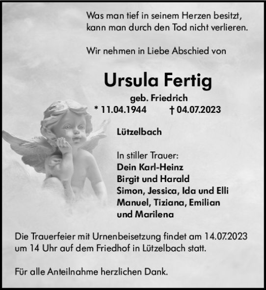 Traueranzeige von Ursula Fertig von Odenwälder Echo