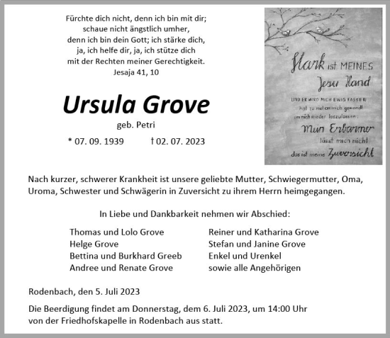 Traueranzeige von Ursula Grove von Dill Block
