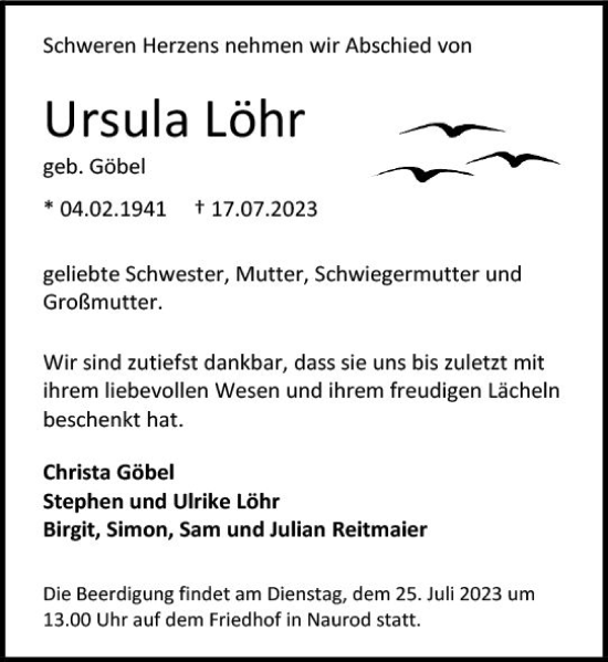 Traueranzeige von Ursula Löhr von Wiesbadener Kurier