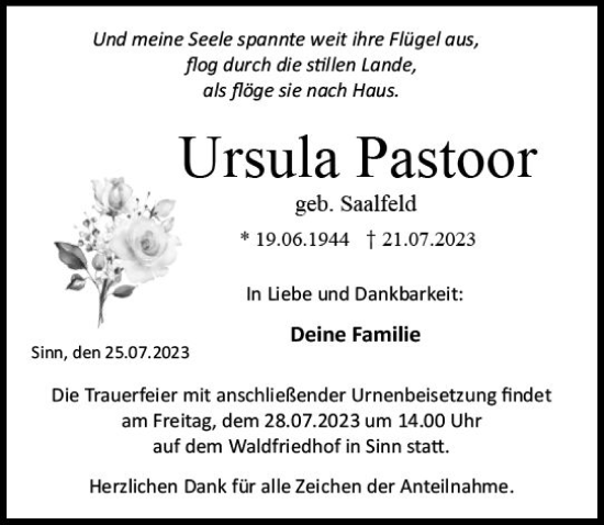 Traueranzeige von Ursula Pastoor von Dill Block