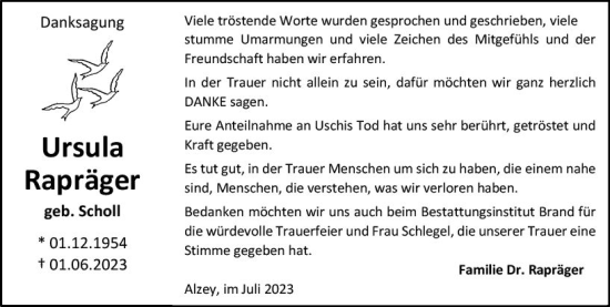 Traueranzeige von Ursula Rapräger von Allgemeine Zeitung Alzey
