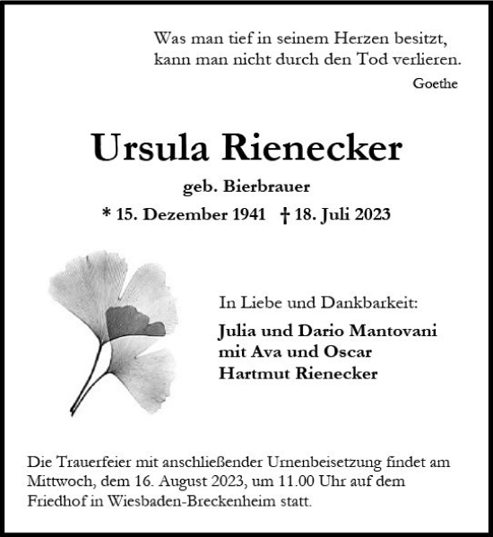 Traueranzeige von Ursula Rienecker von Wiesbadener Kurier