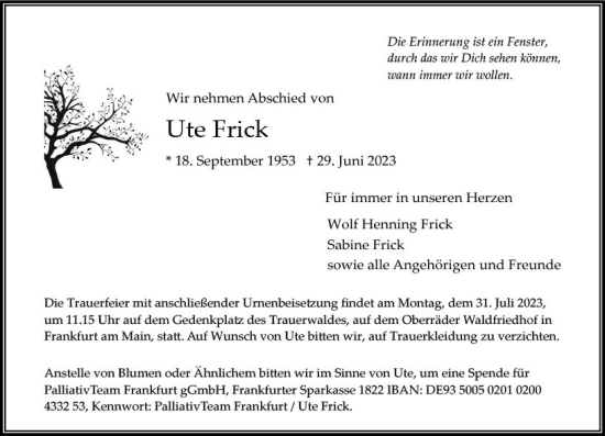 Traueranzeige von Ute Frick von Wiesbadener Kurier