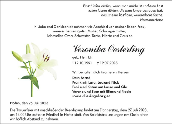 Traueranzeige von Veronika Oesterling von Weilburger Tageblatt