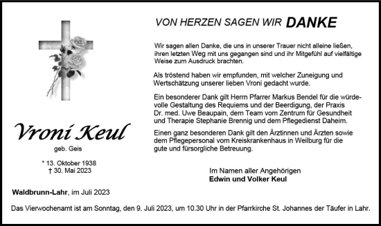 Traueranzeige von Vroni Keul von Weilburger Tageblatt