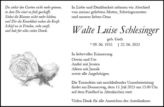 Traueranzeige von Walte Luise Schlesinger von Wetzlarer Neue Zeitung