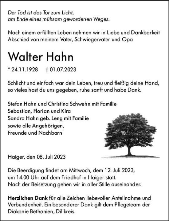 Traueranzeige von Walter Hahn von Dill Block