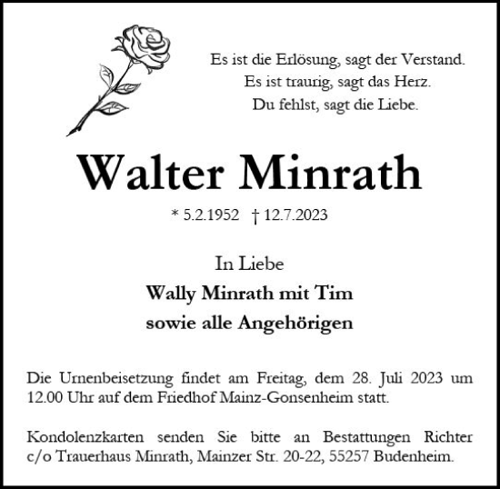 Traueranzeige von Walter Minrath von Allgemeine Zeitung Mainz