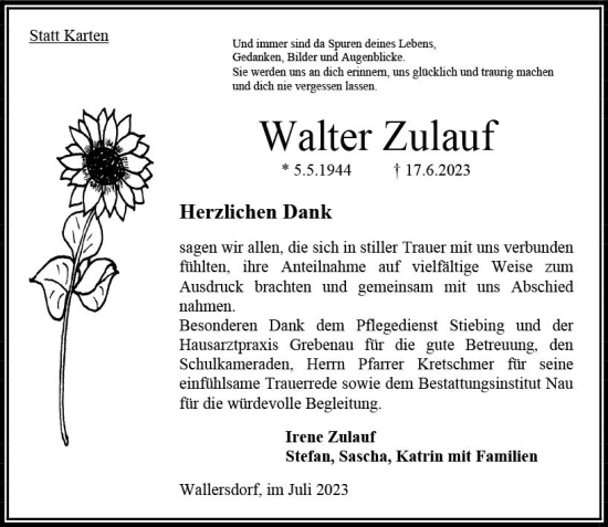 Traueranzeige von Walter Zulauf von Oberhessen Kurier