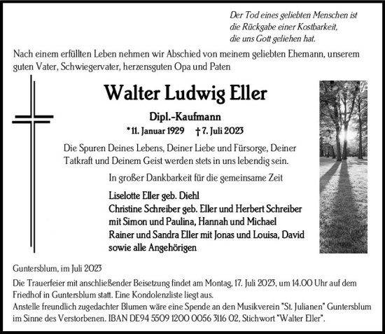 Traueranzeige von Walter Ludwig Eller von Allgemeine Zeitung Mainz