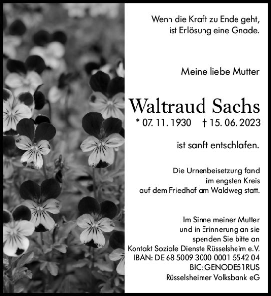 Traueranzeige von Waltraud Sachs von Rüsselsheimer Echo